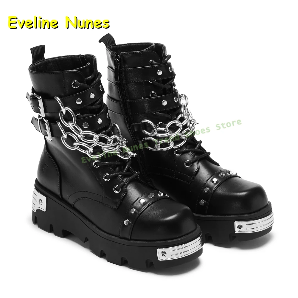 

Black Metal Decoration Punk Boots 2025 Autumn Winter New Style Round Toe Tank Sole Lace Up Chain Rivet Couple Motorcycle Boots