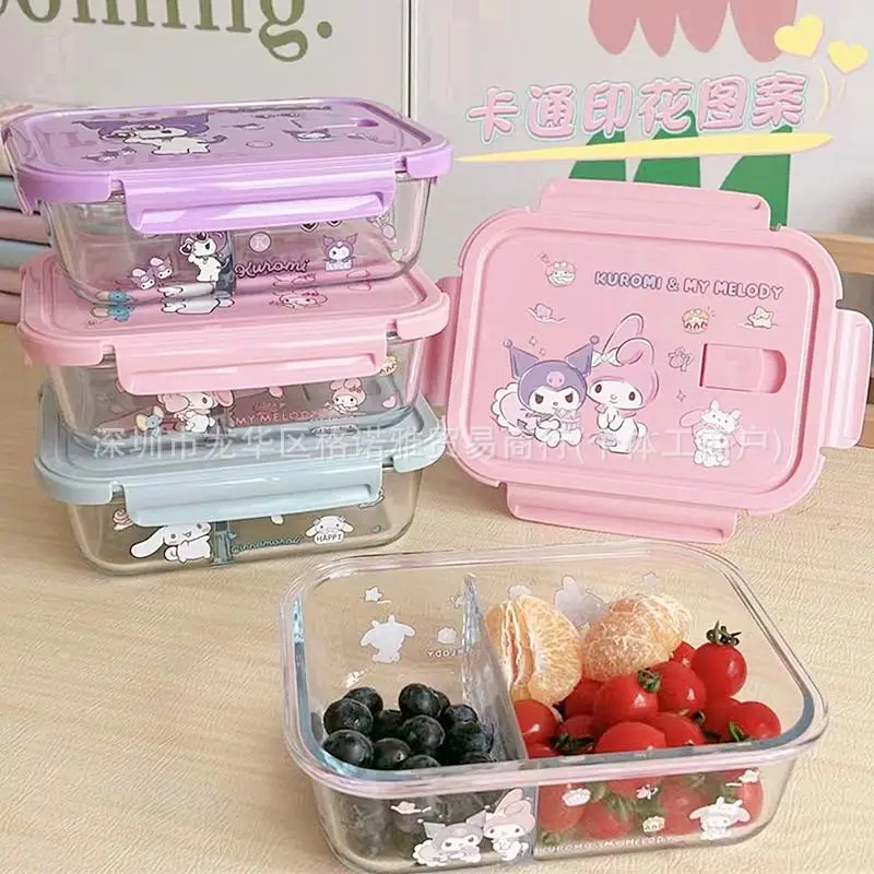 Sanrios Glass Lunch Box Hellokitty Kuromi Mymelody Microwave Heating Sealed Fresh-Keeping Student Office Worker Bento Lunch Boxs