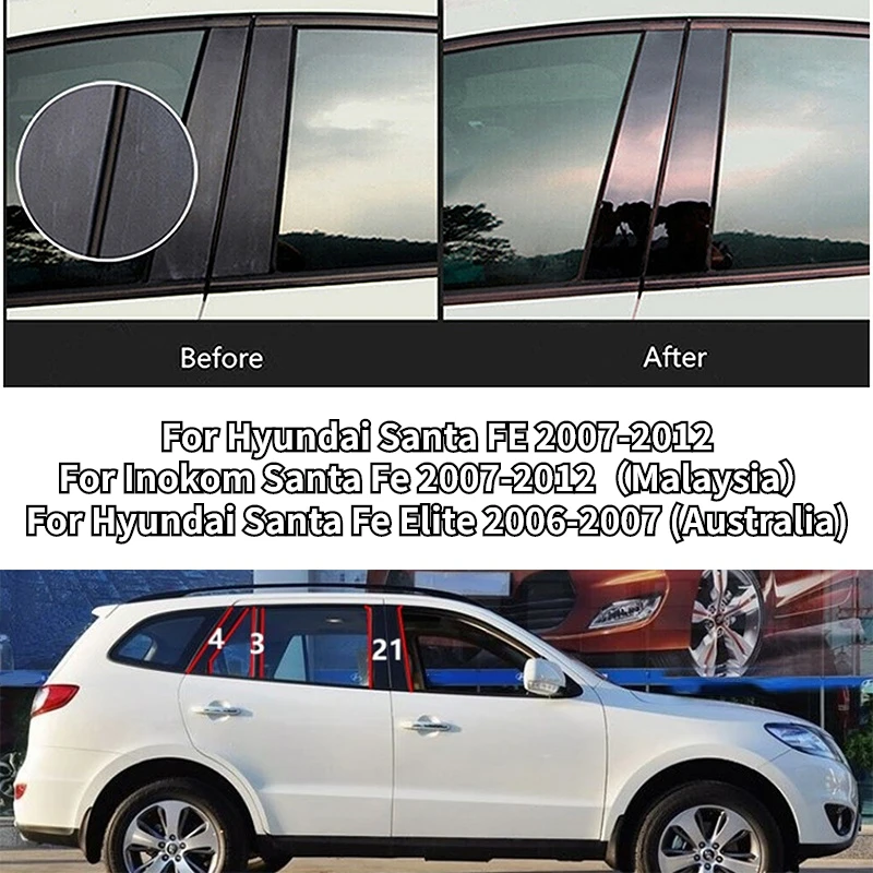 Car Pillar Posts Glossy Piano Black for Hyundai Santa FE 2007 2008 2009 2010 2011 2012 Door Window Molding Cover Stickers