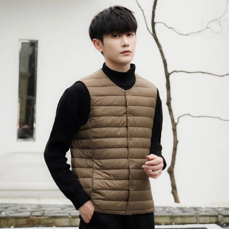 New Mens Collarless Down Jacket Vest V-neck Lightweight Down Jacket Warm Jacket Camisole Vest