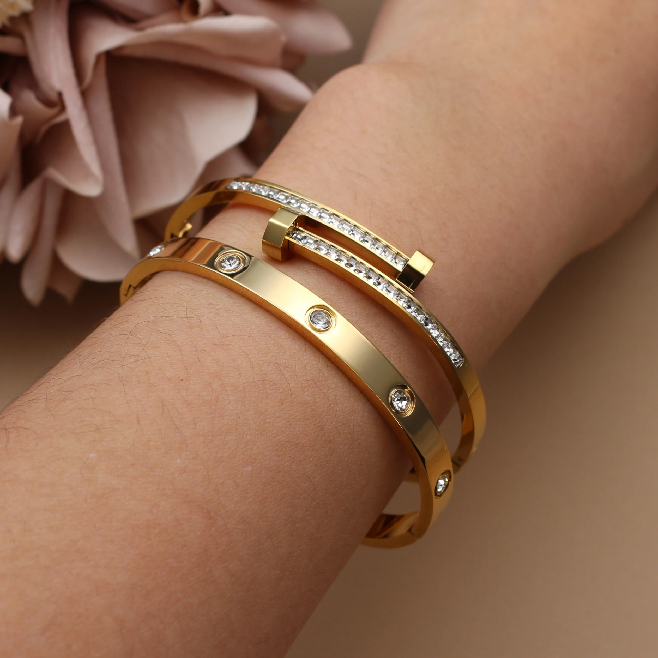 02Fashion Cross Crystal Design Stainless Steel Gold Color Stacking Bracelet Women's Jewellery Bangle For Daily Wear Party Gifts. view 6