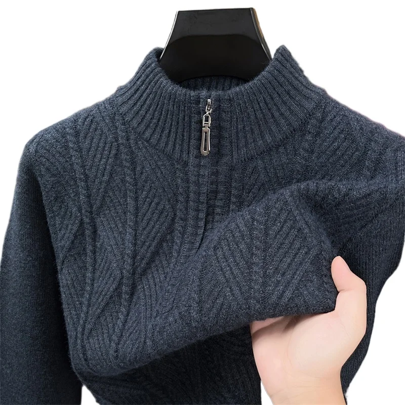 

2025 Новый утолщенный мужской шерстяной свитер с полувысоким воротником и застежкой-молнией, модный повседневный свитер с грубой иглой
