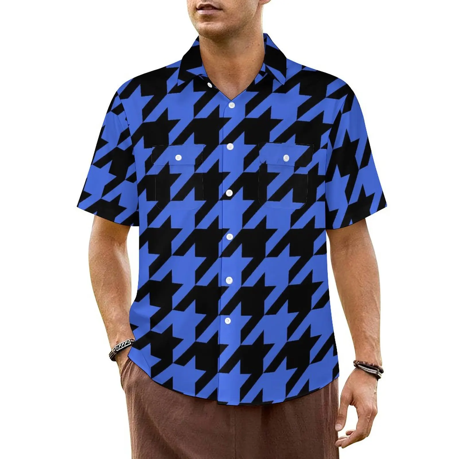 Blue Houndstooth Vacation Shirt Vintage Print Hawaiian Casual Shirts Male Classic Blouses Short-Sleeved Fashion Custom Clothing