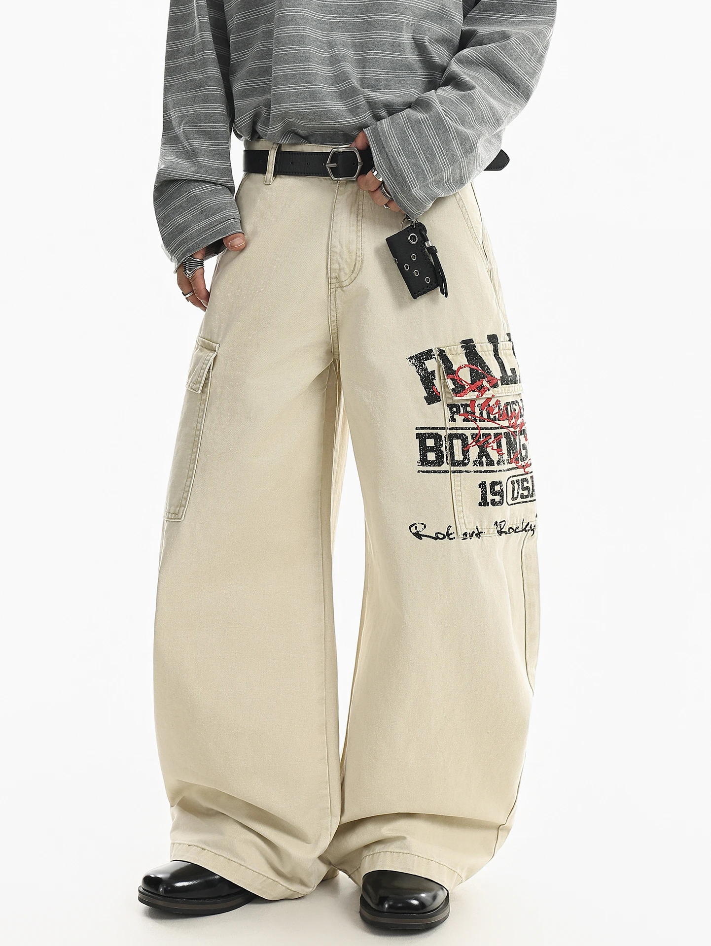 American Style Loose Straight Leg Work Pants Men's Spring Fashionable Printed Wide Leg Casual Trousers High Waist Button Fly