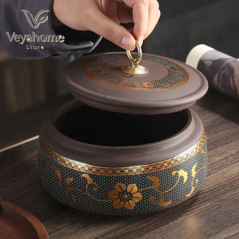 Modern Purple Sand Ceramic Tea Pot Gilded Flower Porcelain Storage Jar Household Candy Coffee Bean Sealed Jar Storage Container