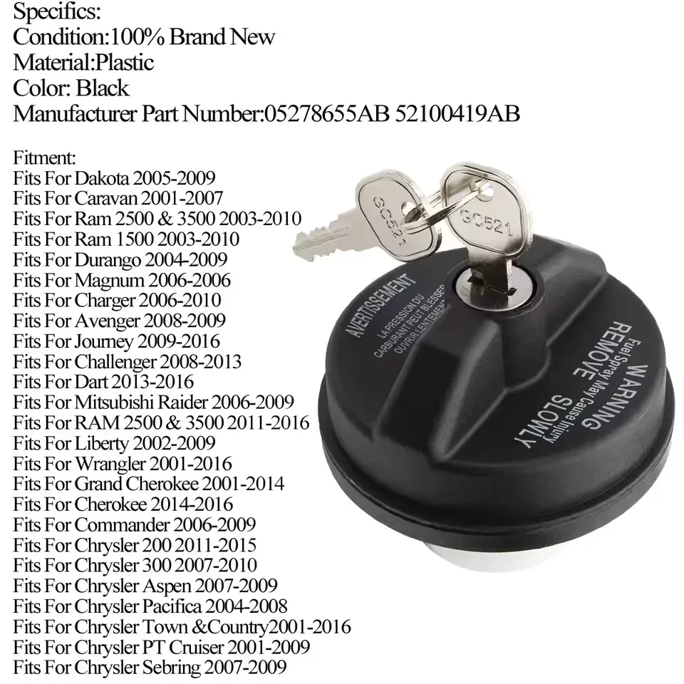 Car Locking Gas Cap 05278655AB Lock Fuel Cap Key for Chrysler Dodge Jeep Ram Challenger Grand Caravan Ram 1500 Cherokee Wrangler