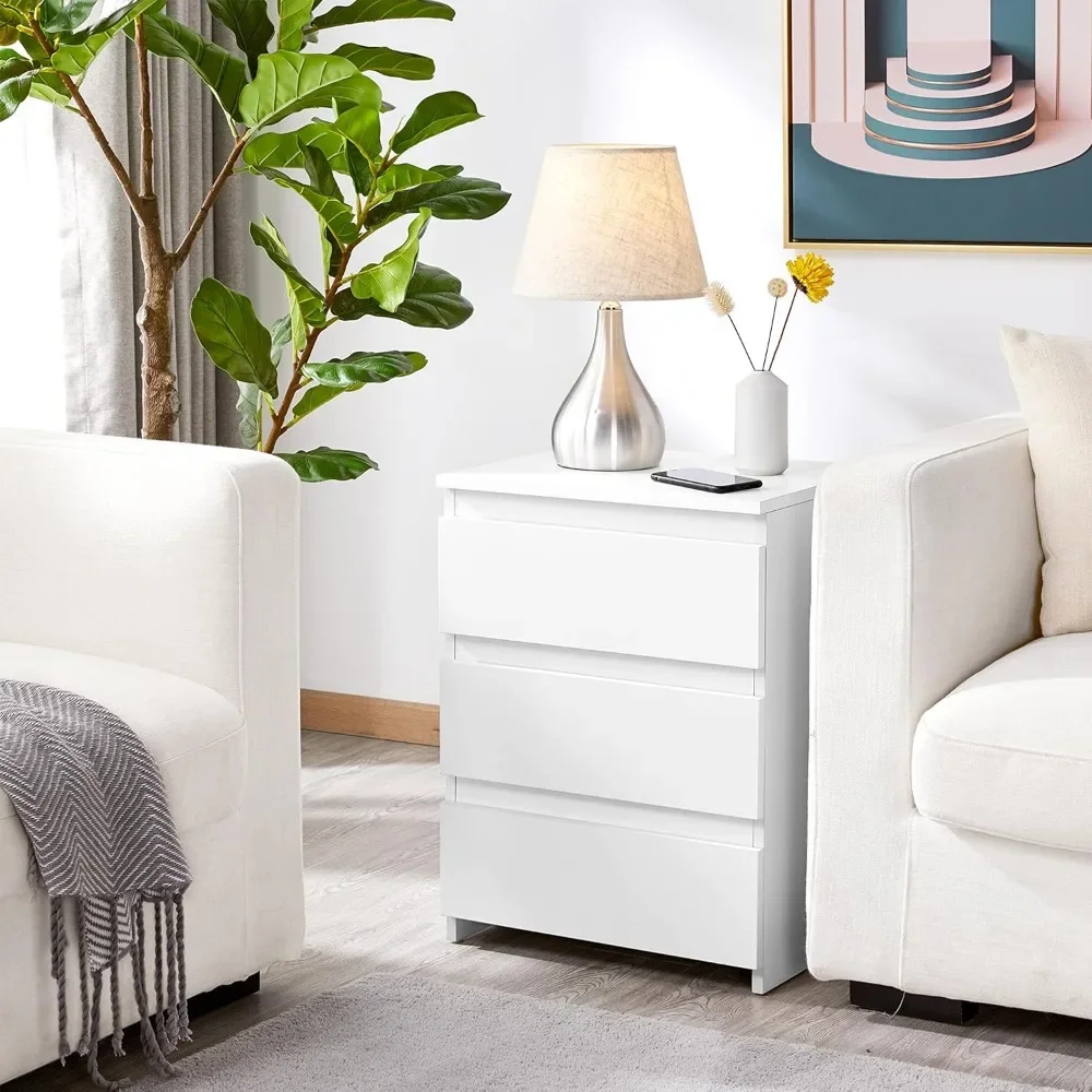 2PCS 3-Drawer Nightstands, White Bedside Tables with Storage Space, Modern Bedside Cabinet Units with Sturdy Base