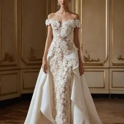 Abiti da sposa con spalle scoperte con fiori 3D Perle di lusso Applicazioni in pizzo Abiti a sirena Abiti da sposa con strascico di moda