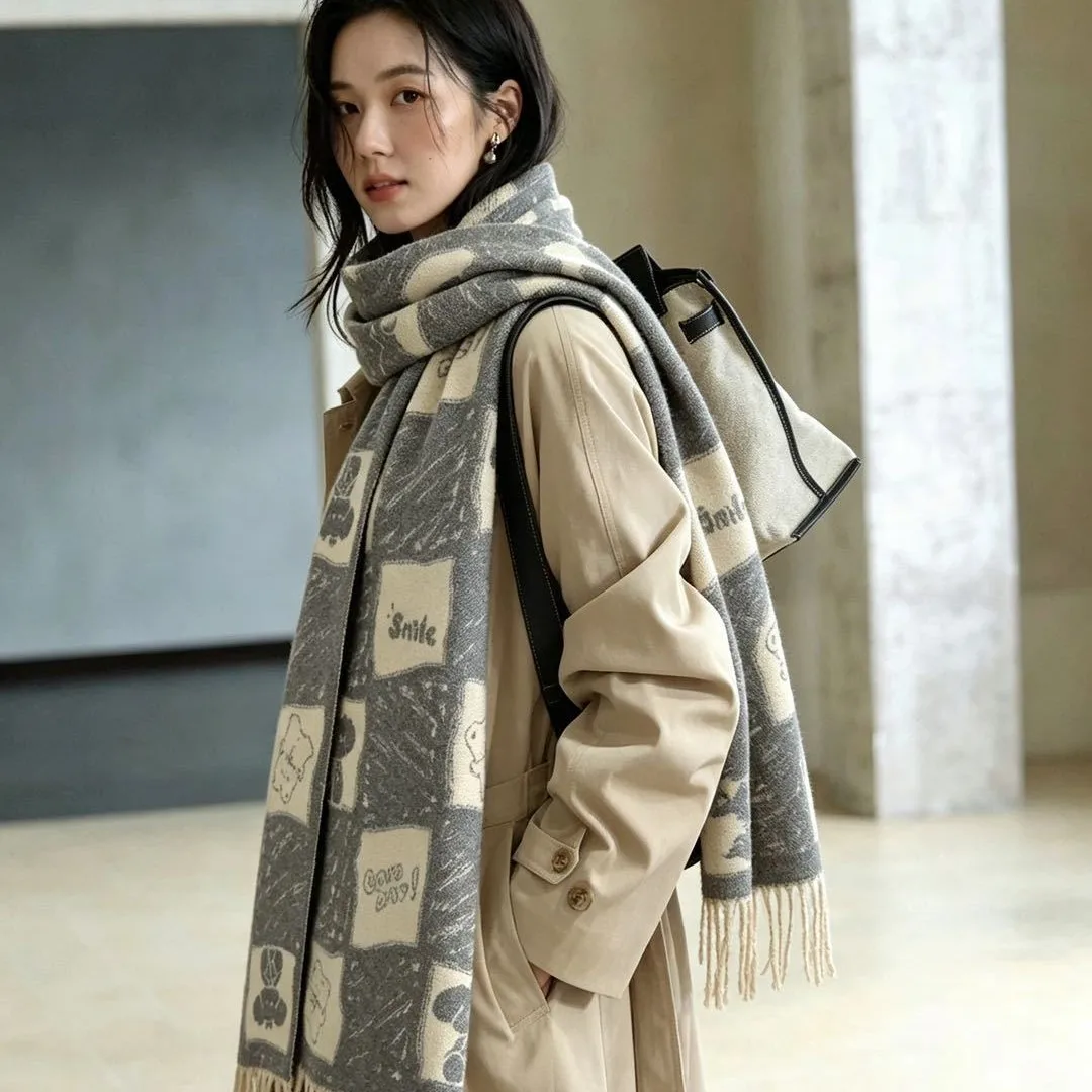 Scarf Women Cartoon Bear Print Shawl Wrap Tassel Winter Autumn Neck Warmer Check Patchwork Travel Blanket For Ladies