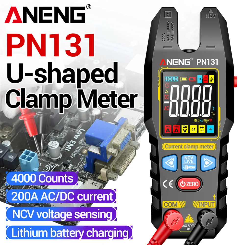 

Автоматический мультиметр ANENG PN131 с функцией измерения напряжения AC/DC, тока, температуры, многофункциональный тестер, перезаряжаемый, с U-образными зажимами