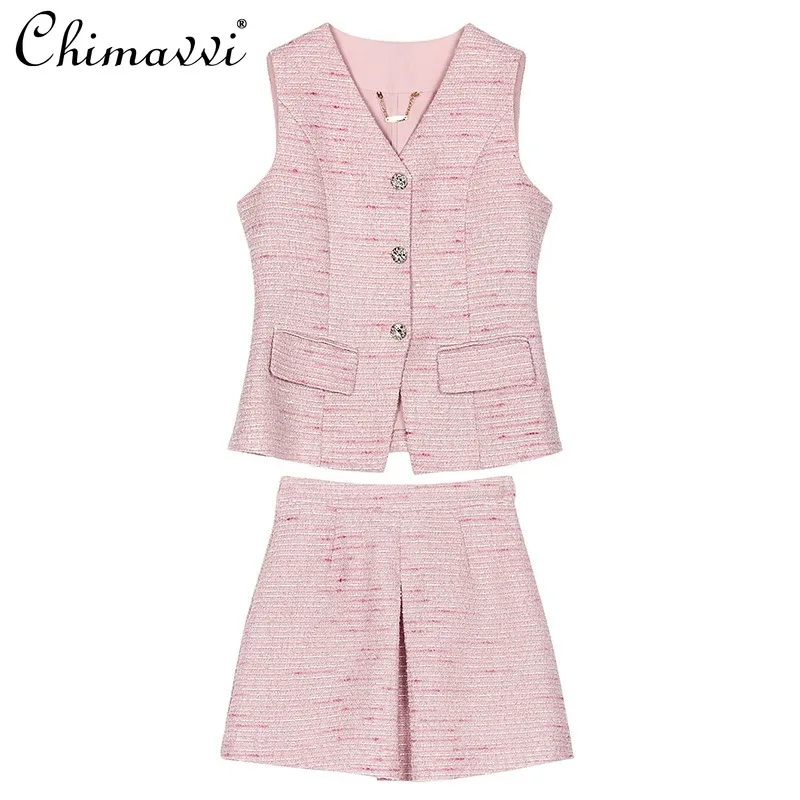 

New 2026 Spring and Summer Fashion Pink V-neck Sleeveless Vest Top + Ruched Shorts Skirt Set Elegant Commute Two-piece Outfit