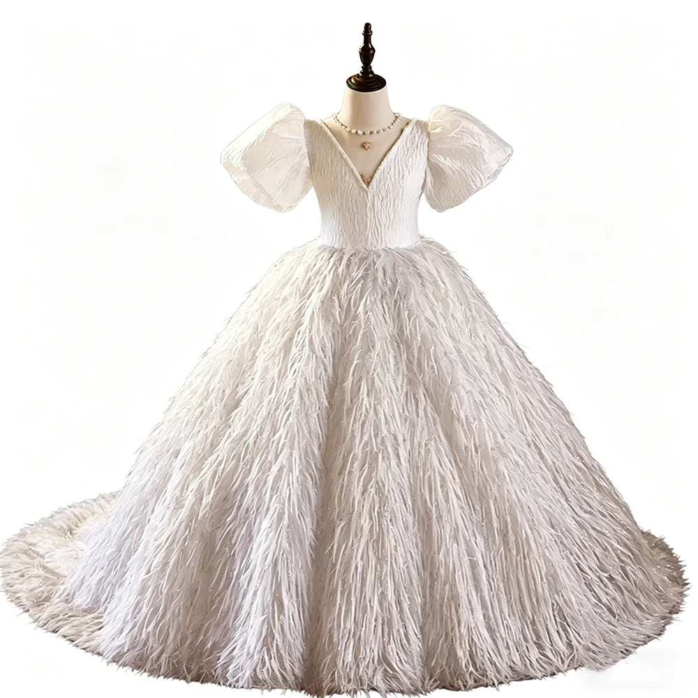 Luxury White Tassel Fluffy Texture Pageant And Wedding Bridesmaid Floor Length Dress For Girls Prom Evening Party Dresses Kids