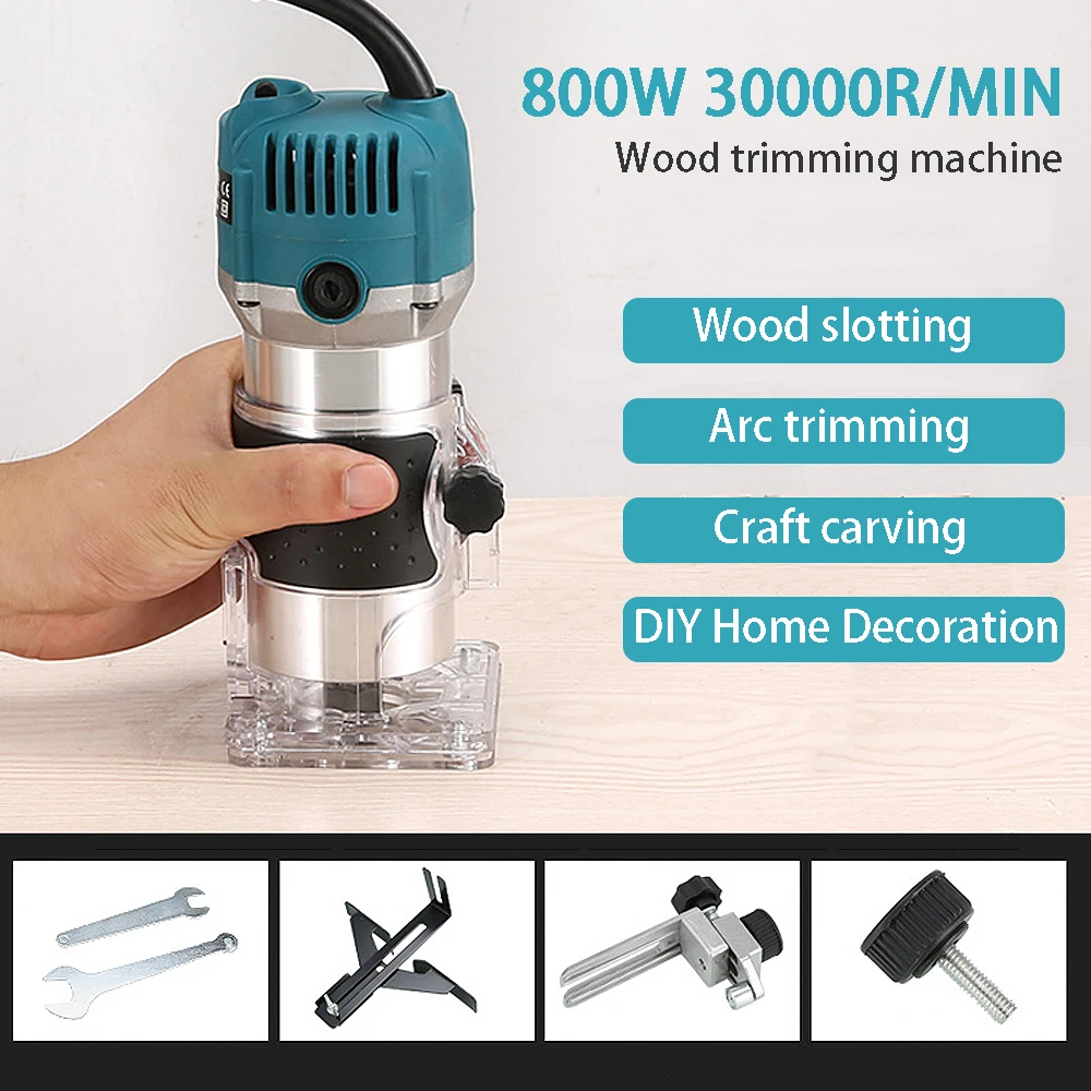 Madeira elétrica Trimmer Router, Handheld Compact Router, Bits Estrada Set, Madeira Fresa Ferramentas, 800W, 30000rpm, 15 Pcs, 1/4"