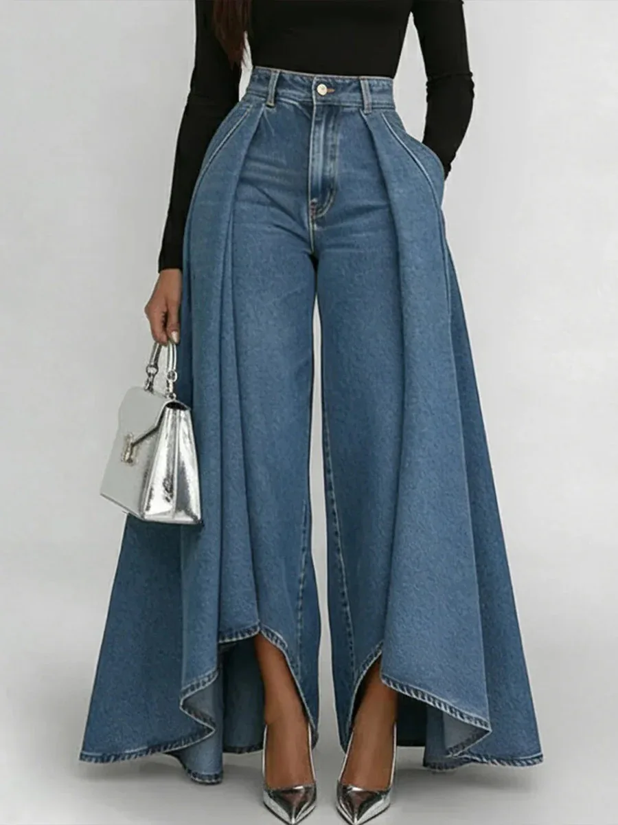 Casual Fashion Trousers Spring Summer Solid Color Simple Elegant Loose High Waist Wrinkled Imitation Denim Wide Leg Trousers
