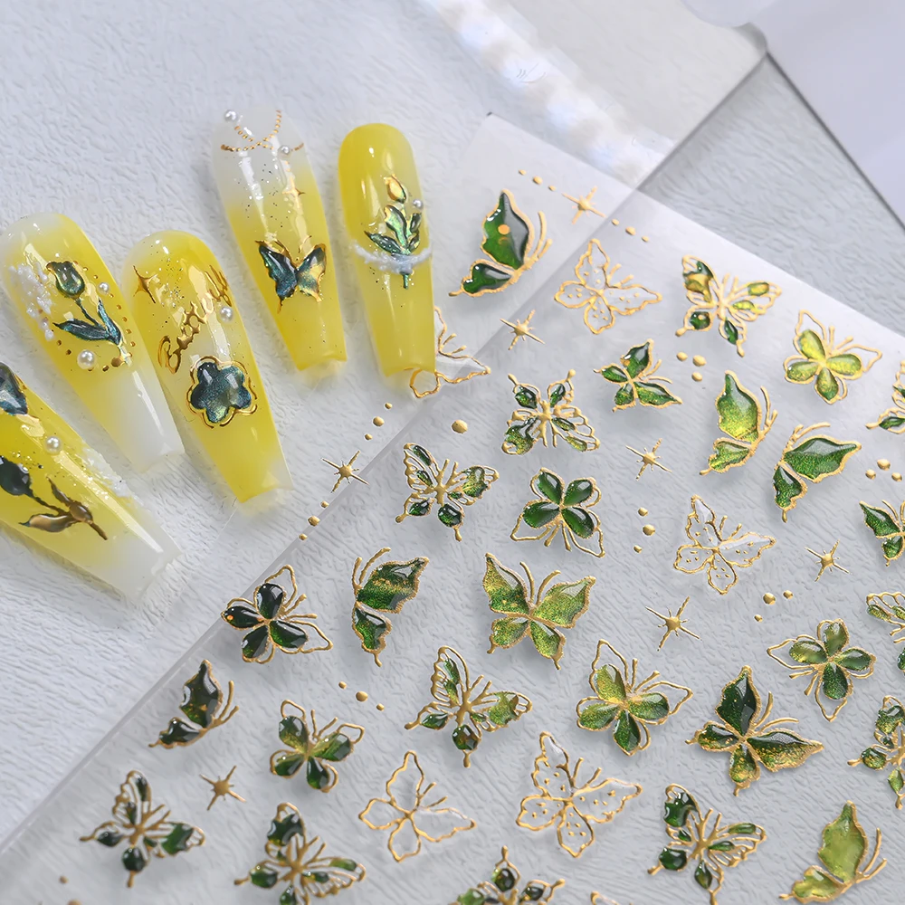1Pcs 5D Green Jelly Series Butterfly Nail Sticker Golden Thread Butterflies Flower Nails Decal Spring Summer DIY Manicure Slider