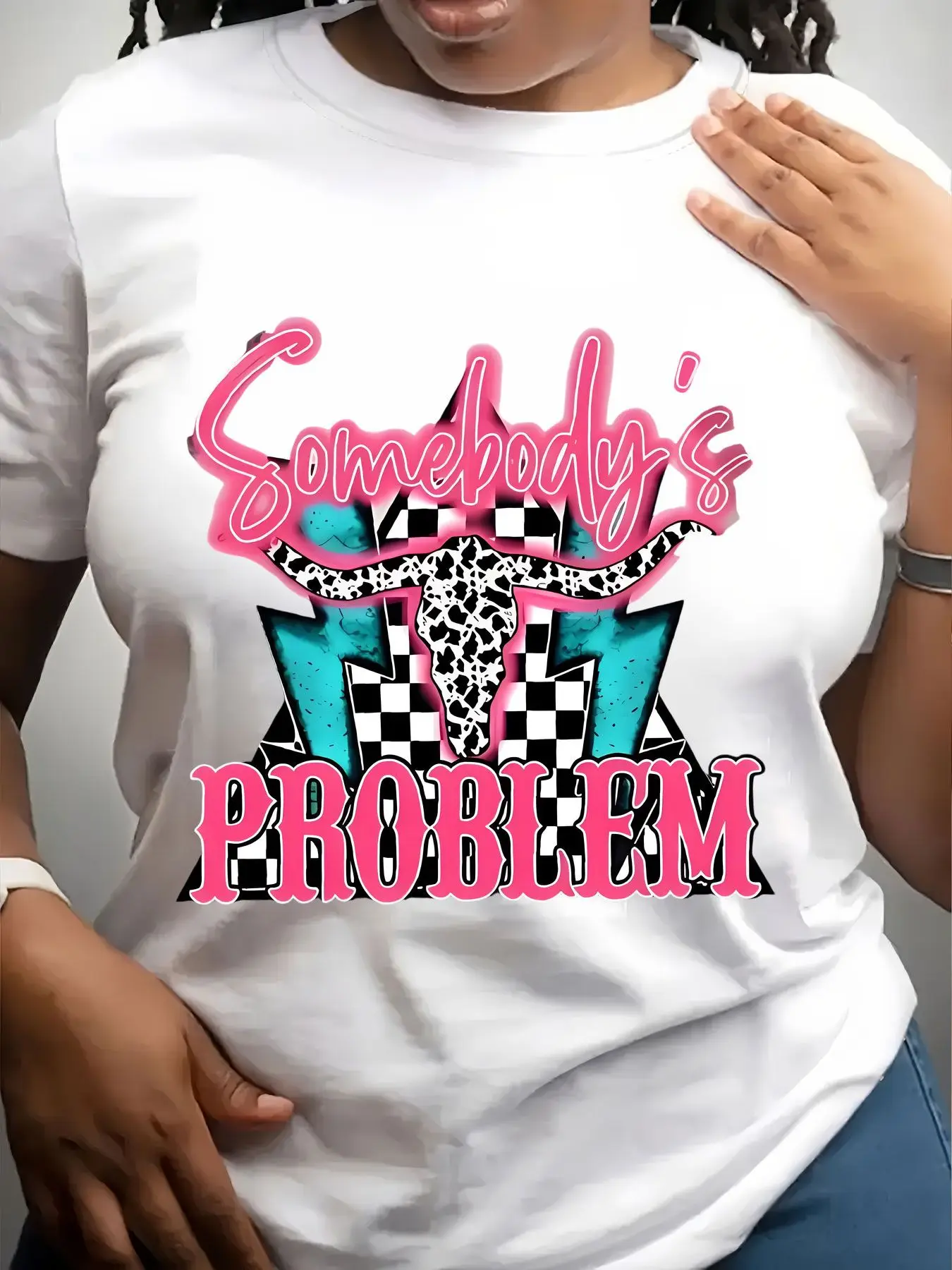 Women's Trendy Crew Neck T-Shirt Somebody S Problem Graphic Print Suitable for Casual Sportswear