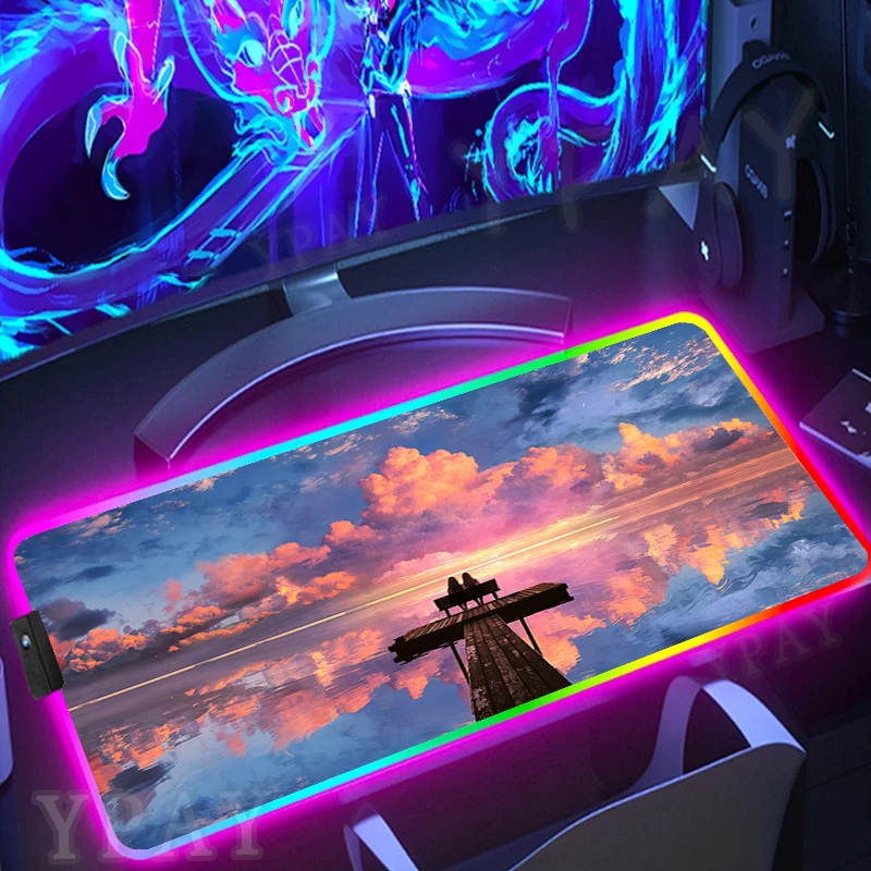 Sunset Landscape Large RGB Mouse Pad XXL Gaming Mousepad LED Mouse Mat Gamer Mousepads Luminous Table Mat Desk Pads With Backlit