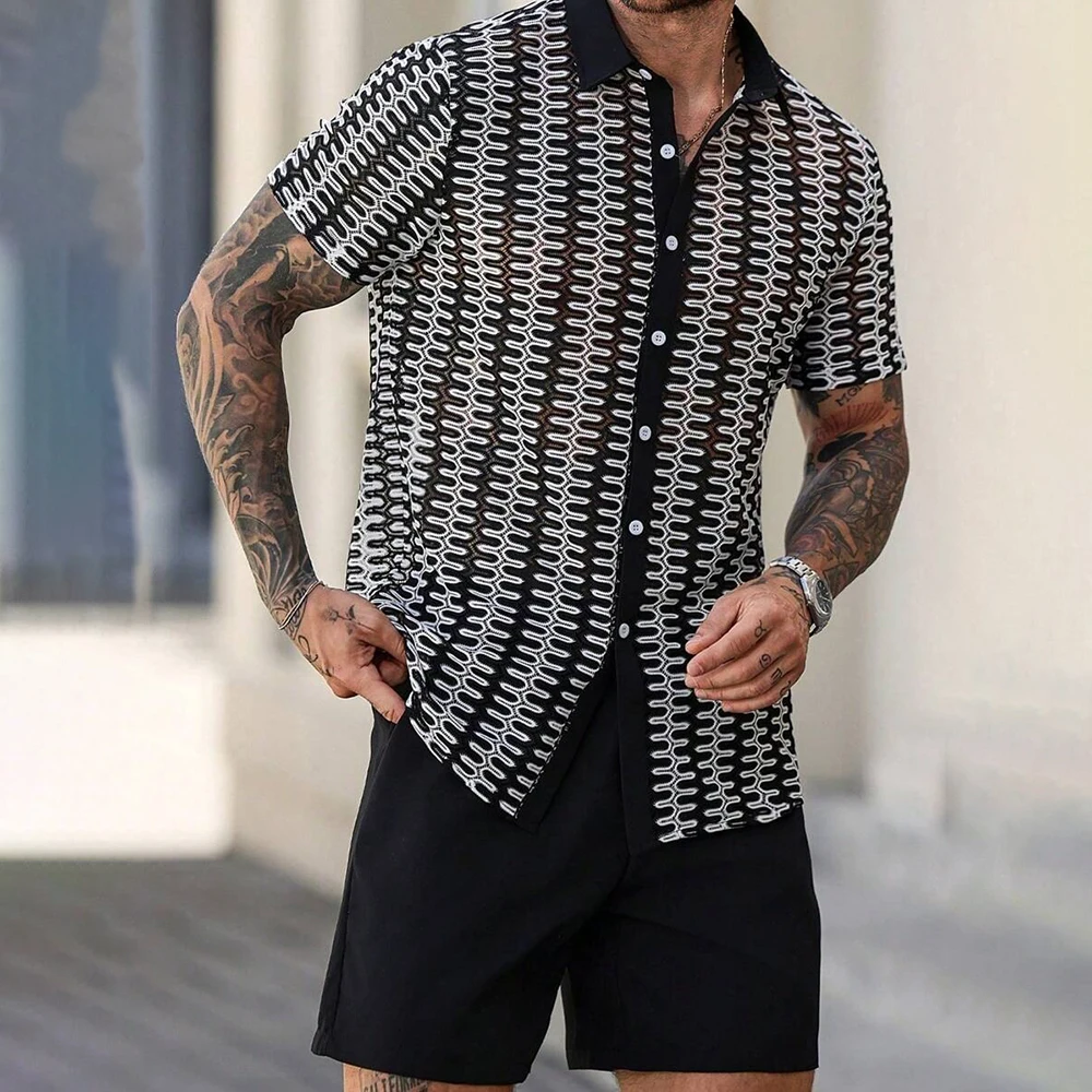 Summer Men's Hollow Knitted Short-Sleeved Shirt American Retro Fashion Trend Loose Casual Breathable Niche New Men's Tops
