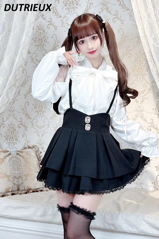 Japanese Black Skirt Women Back Curved Waist High Slim Fit Sweet Mass-Produce Mine Strap Skirt Sweet Lolita Ruffled Short Skirts