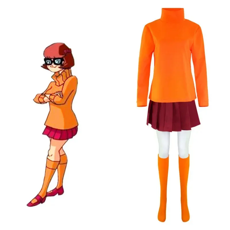 Anime Velma cosplay costume movie character orange uniform Halloween costume for women Girls cosplay costume wig