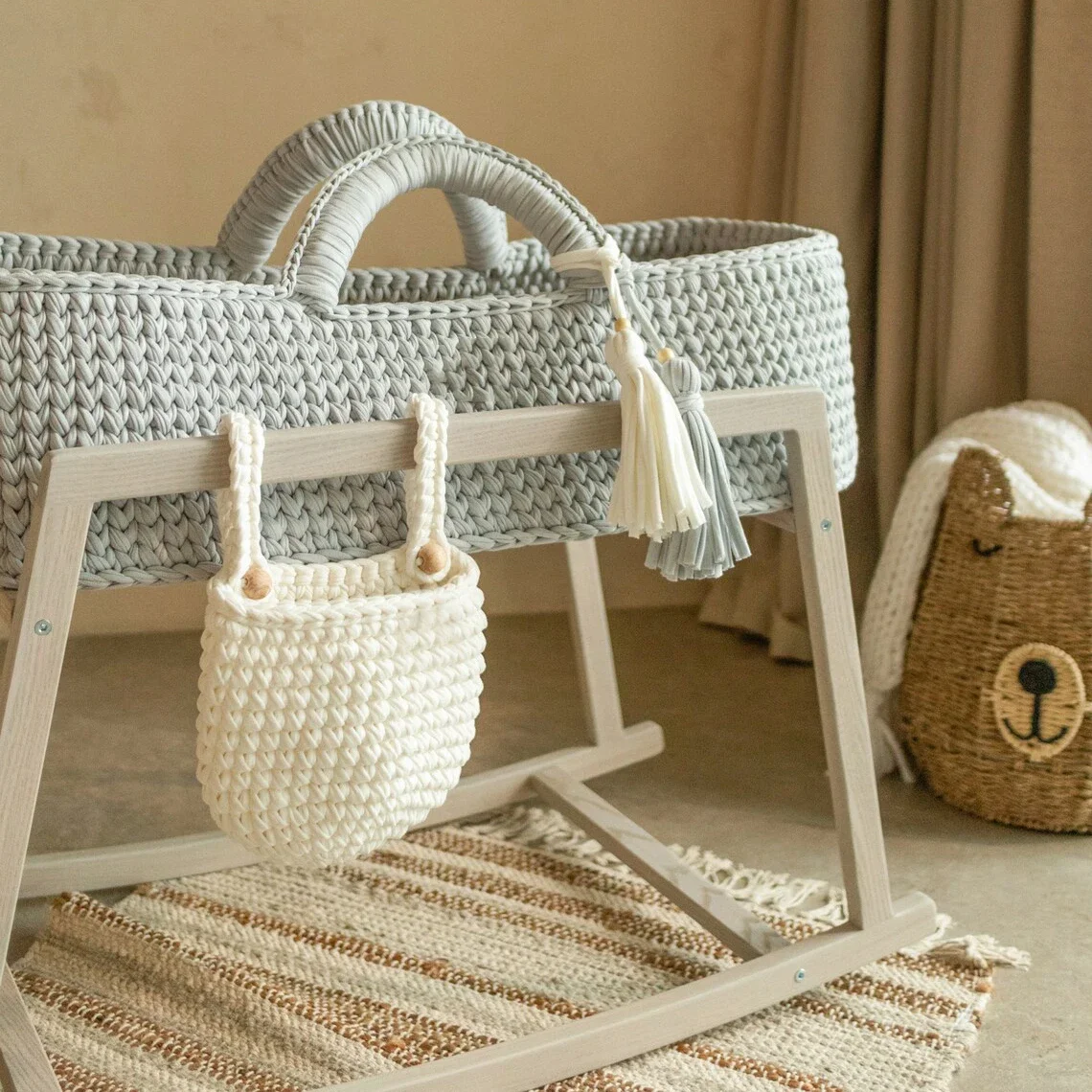 crochet basket change with bed hanging storage basket, cotton crochet storage basket