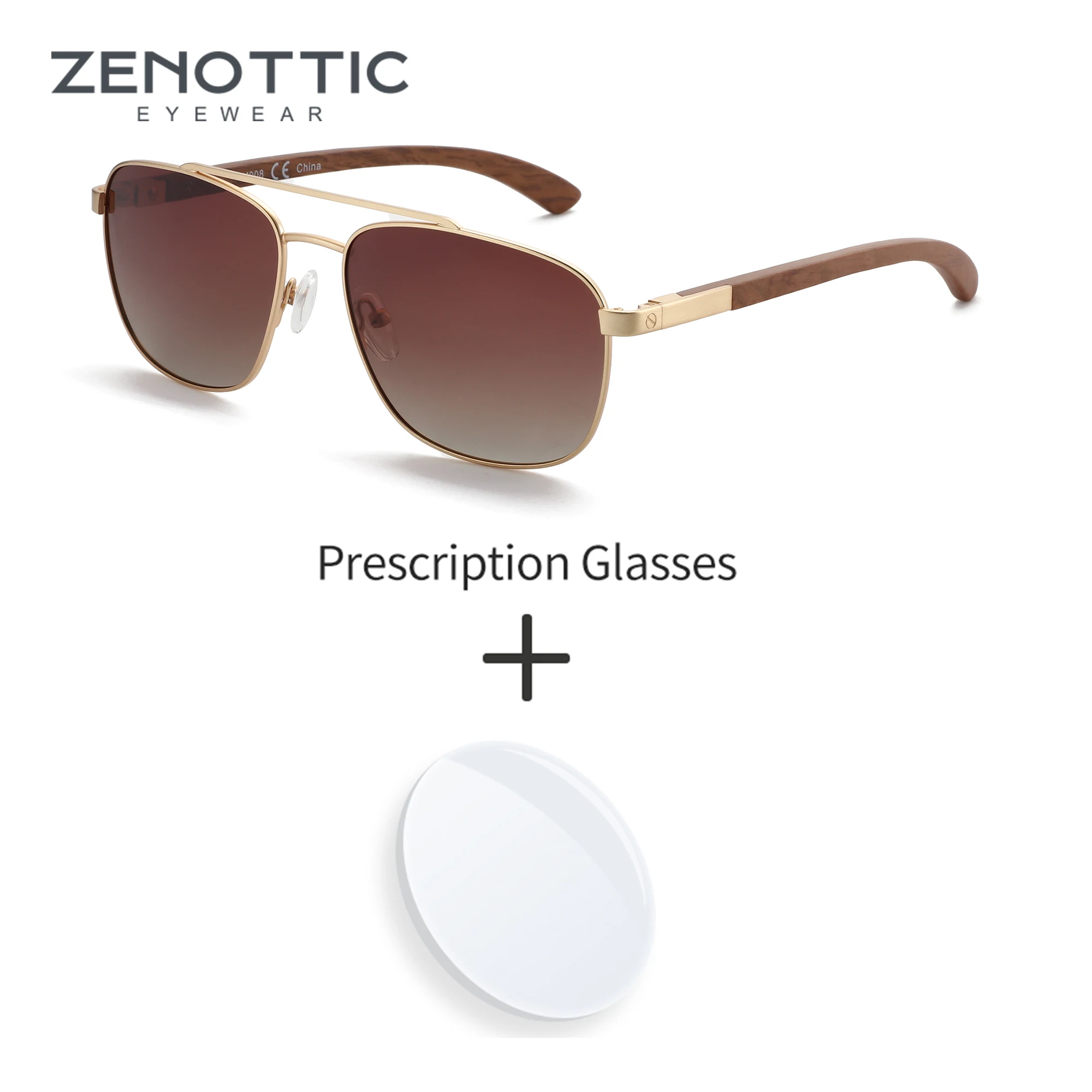 

ZENOTTIC Vintage Polarized Prescription Eyewear For Unisex Pilot Wood Grain Leg for Driving and Outdoor Activities