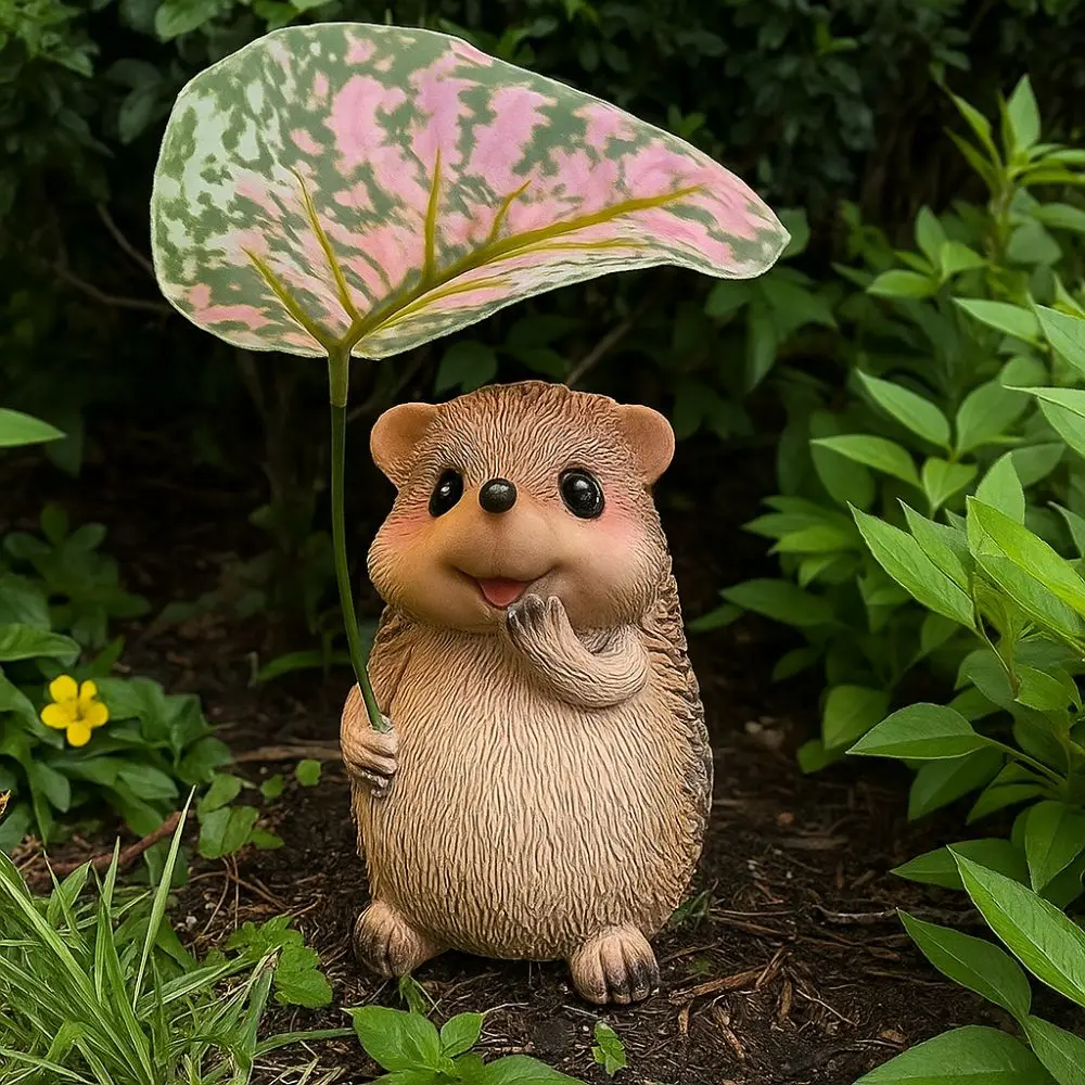 

Cute Leaf Umbrella Hedgehog Figurine Weatherproof Handmade Garden Hedgehog Statue Resin Small Hedgehog Sculpture