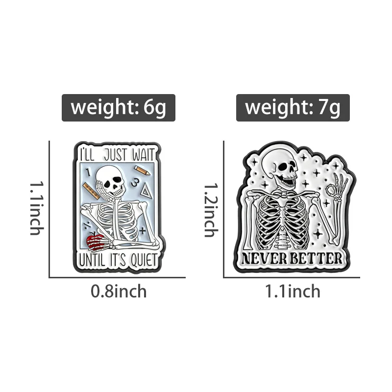 Punk Skeleton Learning I'LL JUST WAIT UNTIL IT'S QUIET Enamel Pins Skull Ok Gesture NEVER BETTER Brooches Lapel Badge Jewelry