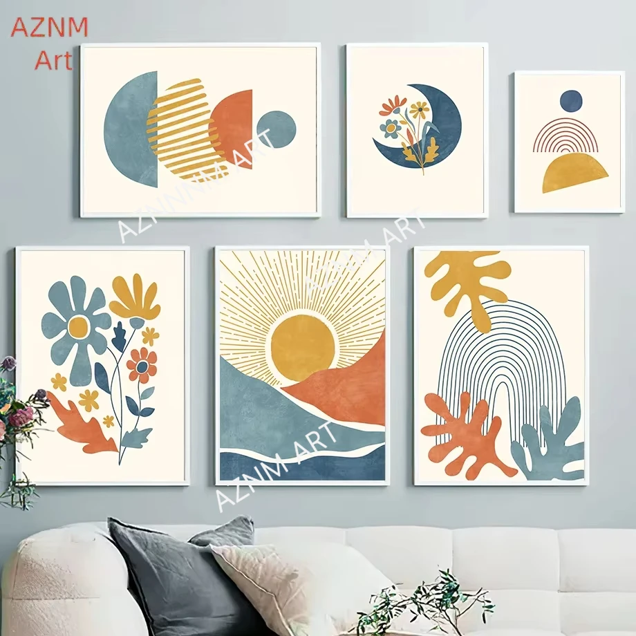 1/6pcs Mountain Sun Rainbow Flower Leaves Geometry Abstract Posters And Prints Wall Art Canvas Pictures For Living Room Decor