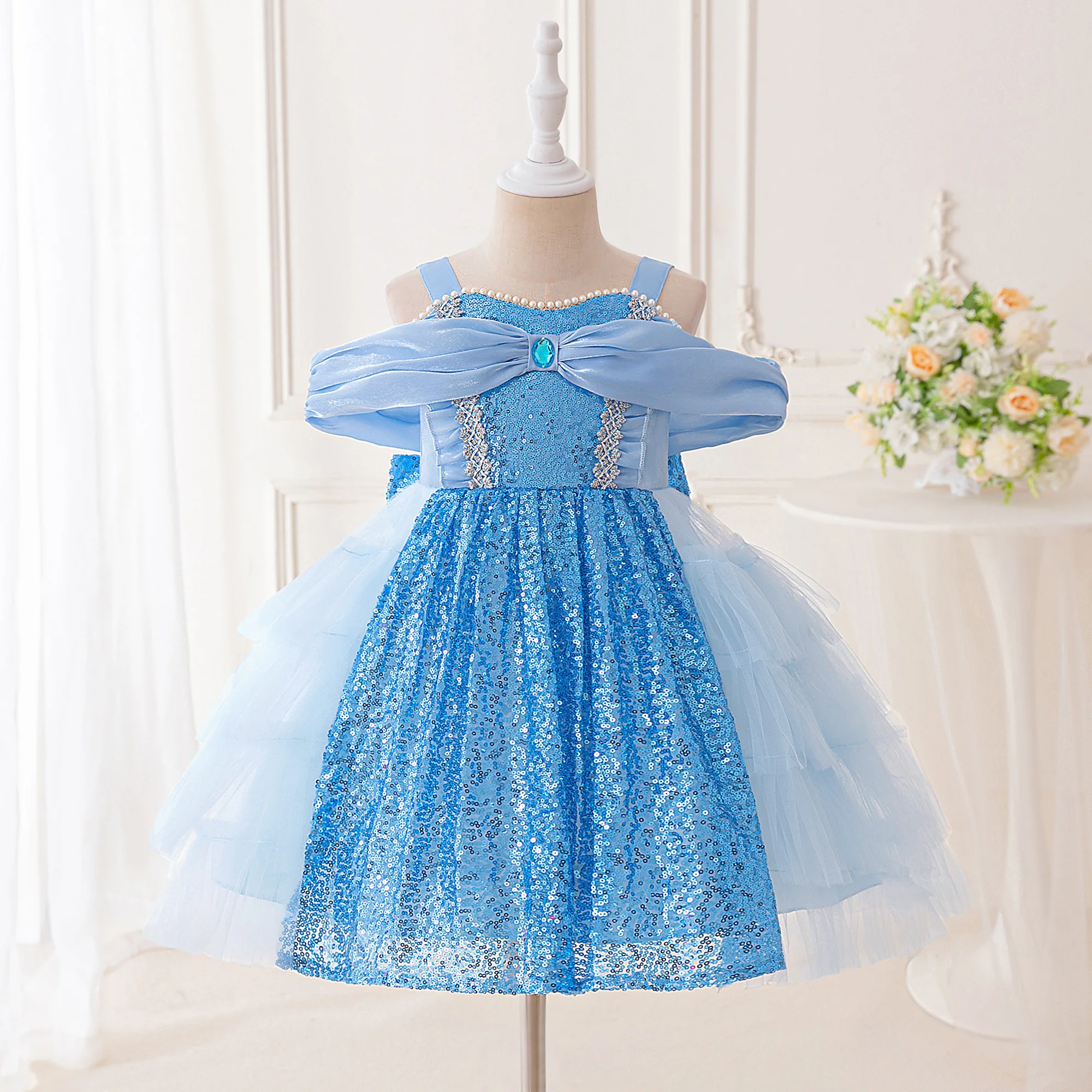 Elegante Lolita Schneeprinzessin Partykleider für Mädchen Kinder Eisprinzessin Tüll Geburtstag Hochzeit Ballkleid Mädchen Cosplay Kinderkleidung