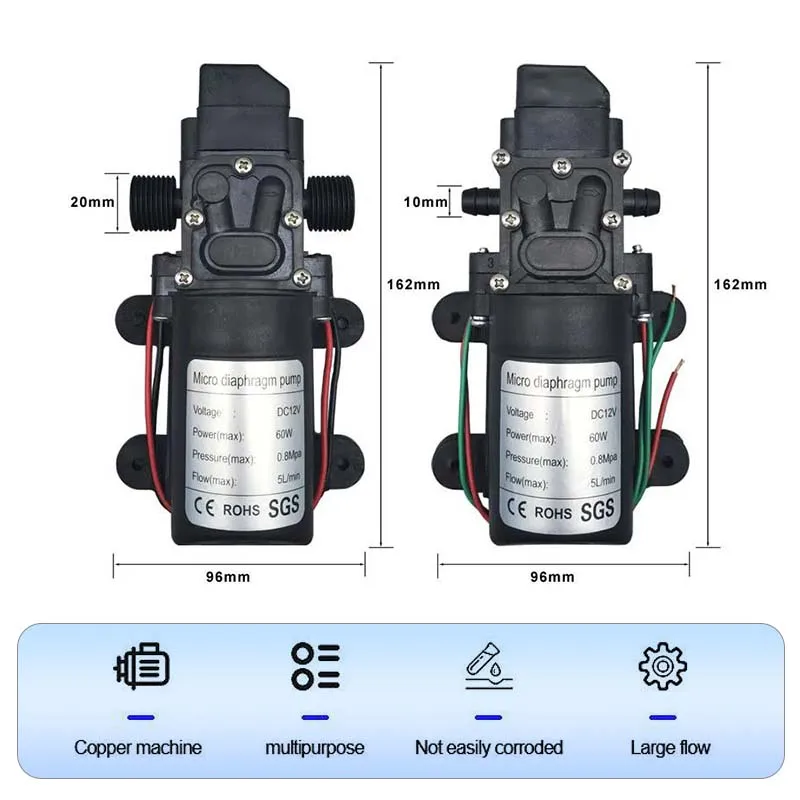 DC 12V 60W 120PSI 5L/Min High Pressure Diaphragm Water Pump Micro Electric Water Pump Self Priming Pump Water Sprayer Car Wash