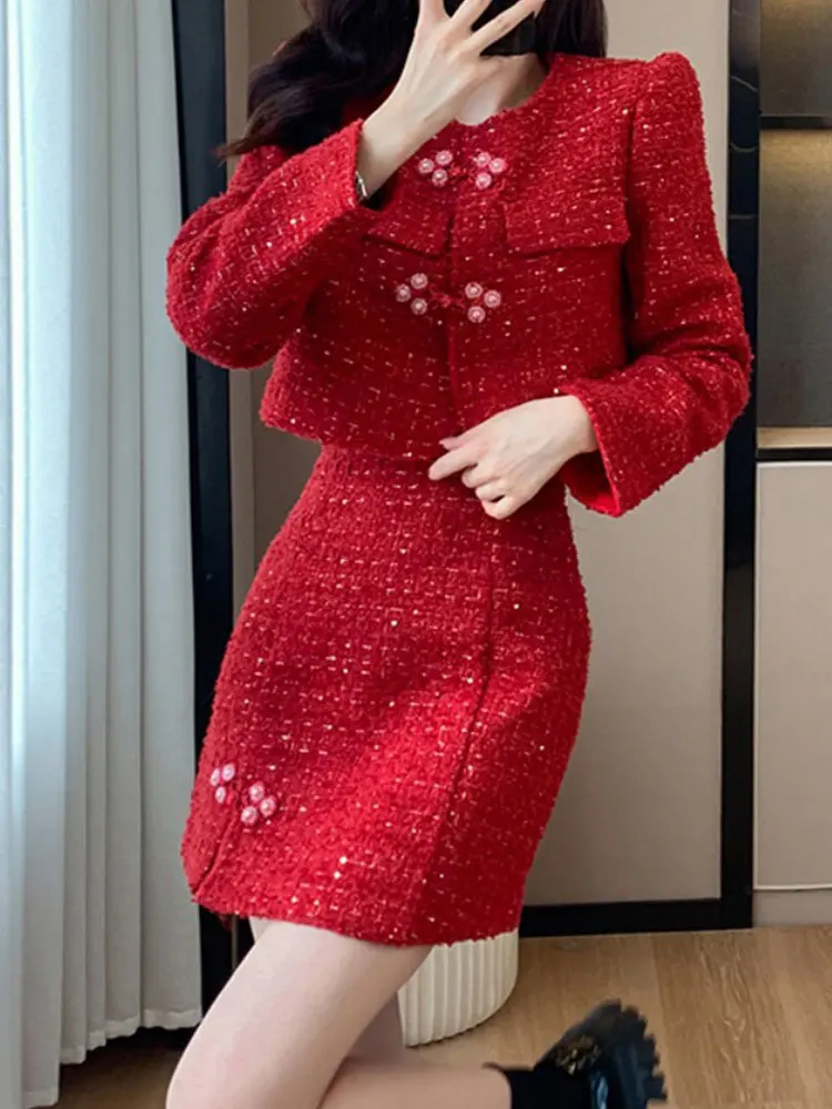 Moda cinese nodo bottone vestito rosso donna 2023 autunno inverno elegante girocollo a maniche lunghe cappotto corto + gonna divisa in due pezzi