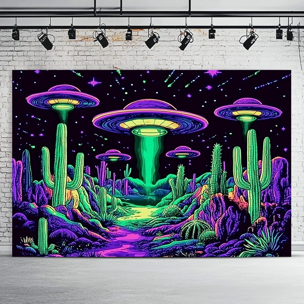 Customize VIKAMA Cyber Desert Tapestry Floating UFO Cactus Gaming Room Science Fiction Theme Wall Hanging Trendy Living Room Dec