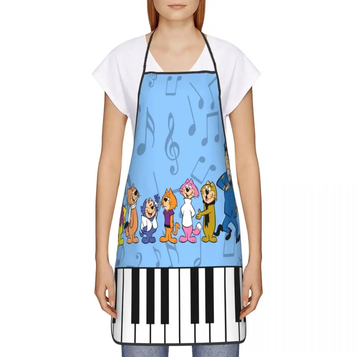 Unisex Pianist Cat With Piano Bib Apron Adult Women Men Chef Tablier Cuisine for Cooking Kitchen Music Notes Gardening