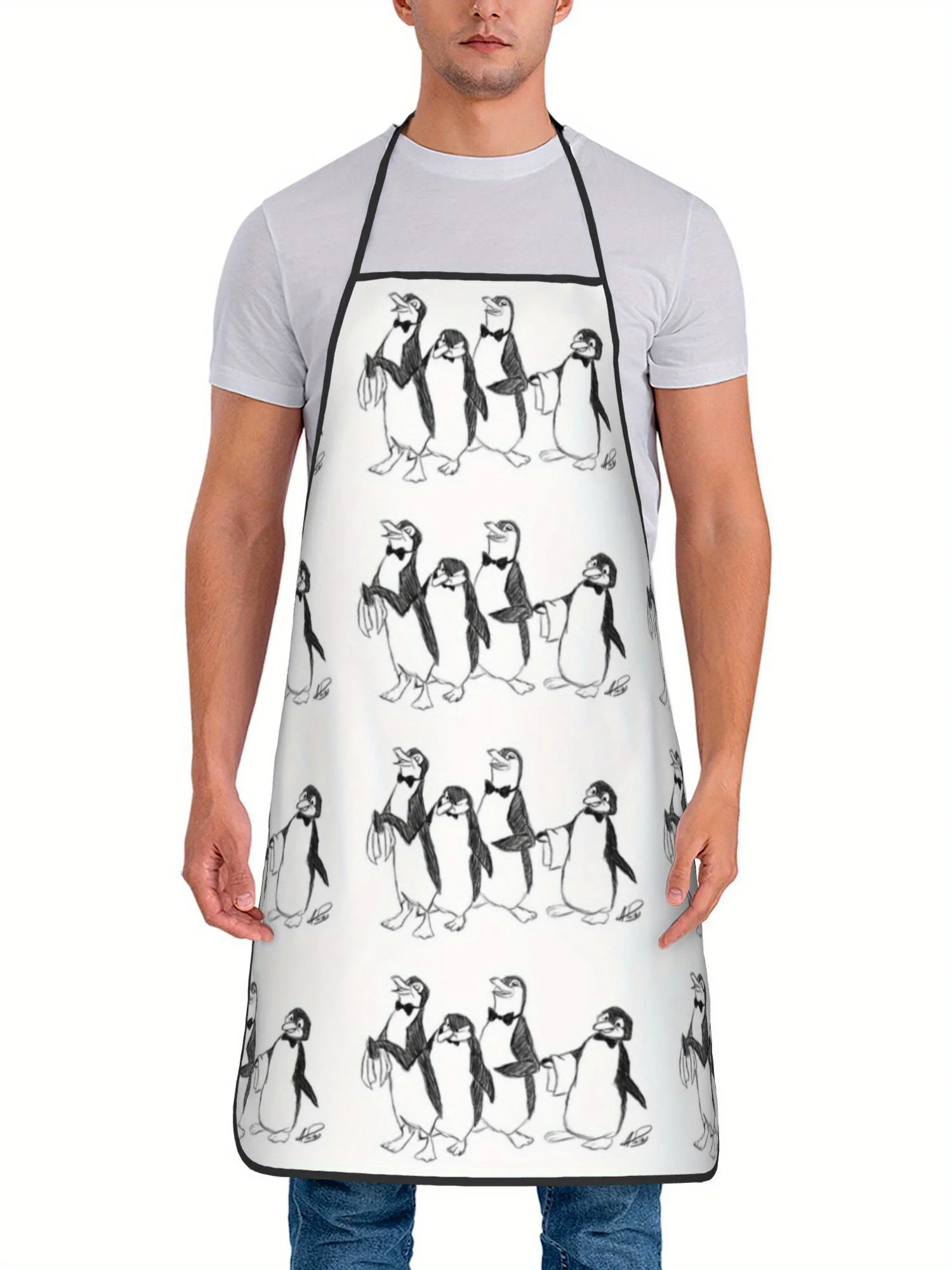 Simple Line Drawing Tuxedo Penguin Group Waterproof Apron Anti Stain Fixed Tie Cafe Restaurant Household Protective Apron