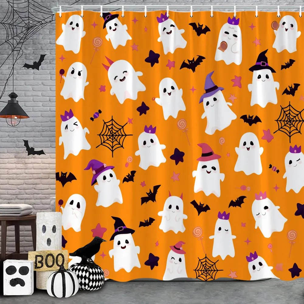 Trick or Treat Funny Ghost Shower Curtain Halloween Orange Purple Black Polyester Shower Curtains Bathroom Decorative with Hooks