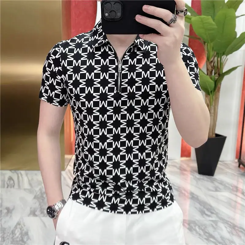 Summer New Fashion Loose Casual Versatile Printed Half Zipper Short Sleeved Polo Shirt Men Lapel Korean Vintage Thin Top 2024