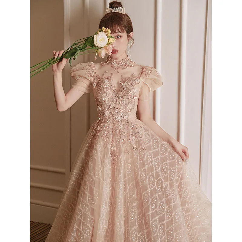 Puff Sleeve Beaded Evening Dress Women's Round Neck Backless Sequin Princess Banquet Elegant Tulle Floor-Length Gonws