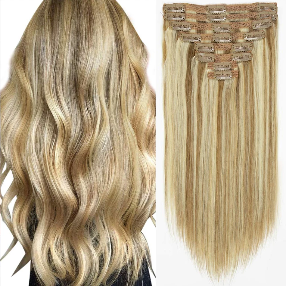 تسليط الضوء على كليب في وصلات الشعر لون الشعر البشري الحقيقي # 8/613 مشبك برازيلي في وصلات مستقيمة 16-26 بوصة لون طبيعي