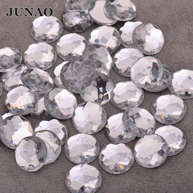 JUNAO 6 8 10 12 14 16 18 20 25 30mm Large Clear White Crystals AB Flatback Big Rhinestone Round Acrylic Stones Non Sewn Strass