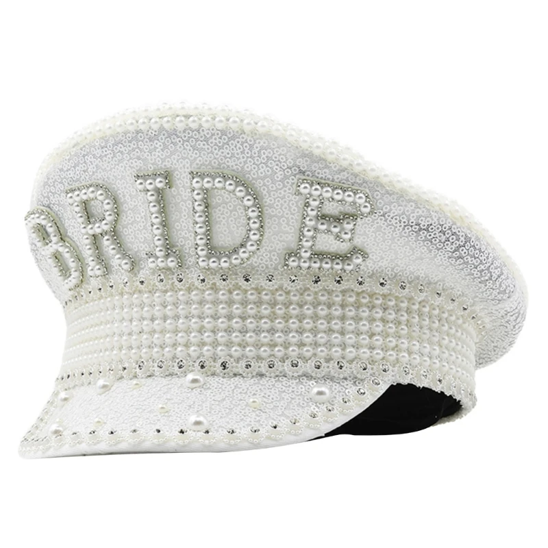 

Bridal Hat Sequins Captain Hat Pearls Hat Versatile for Street Shooting