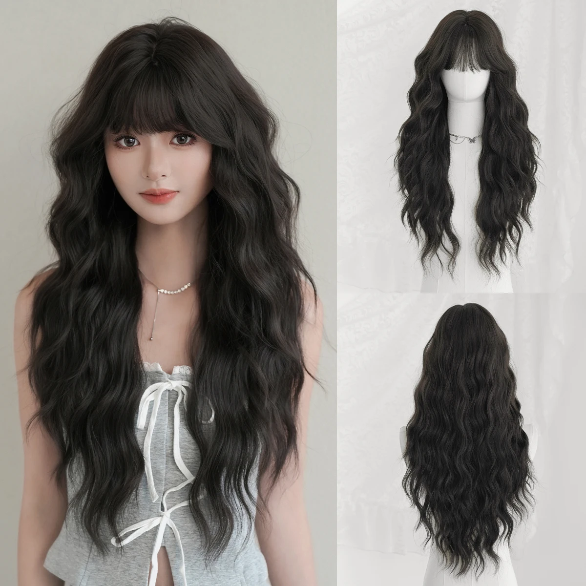 

7JHH WIGS Long Water Wave Black Wig for Women Synthetic Heat-Resistant Modest Fashion Wear and Go Wigs with Neat Bangs