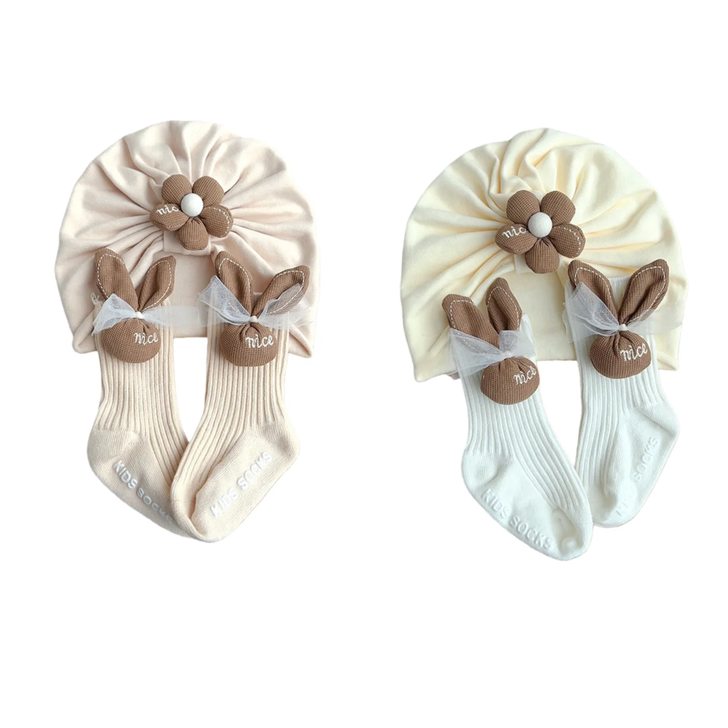 

2 Sets Newborn Fontanelle Hats with Socks For Four Seasons Boys Girl Cute Floral Bucket Hats Clothing Accessories Infant Twins