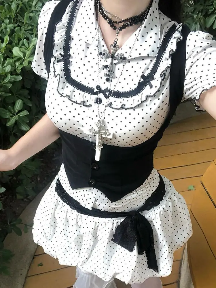 New Subculture 2000s Aesthetic 3 Piece Set Women Chic Polka Dot Tops + Black Vest + Mini Skirts Harajuku Y2k High Street Outfits