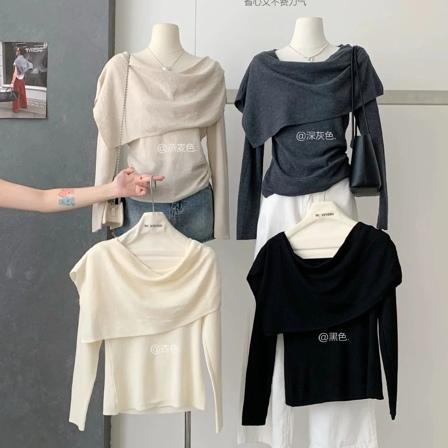 

Korean contrasting color one-shoulder short-sleeved T-shirt for women 2025 summer new irregular knitted top