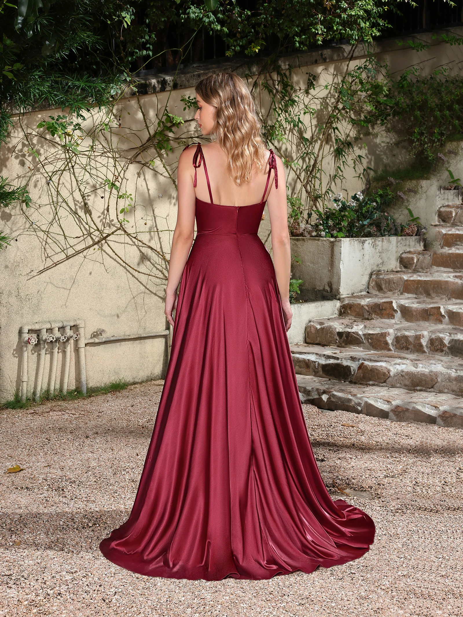 MisShow Long Bridesmaid Dresses Adjustable Spaghetti Straps Backless Sling Evening Dress Satin A-line High Split Party Gowns