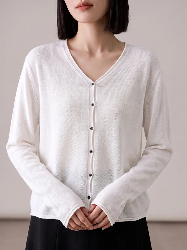 Slimming V-Neck Long Sleeve Knitted Cardigan Women's Loose Fit Transparent Outerwear for Commuting And Sun Protection
