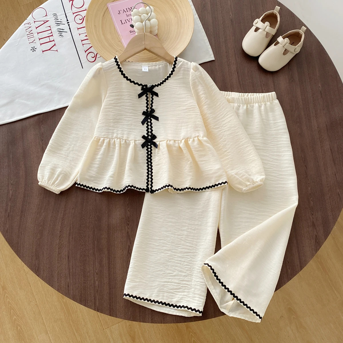 Girls Fashionable Casual Set Autumn Bow Ribbon Lace Solid Color Long Sleeve Doll Shirt + Wide Leg Pants 2pcs Set Clothes
