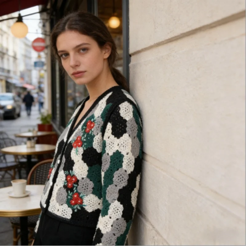 E-BAIHUI Bohemian Floral Women Crochet Cardigan Hollow Out Long Sleeve Open Front Sweater Ladies Trendy Knitted Slim V Neck Top view 3