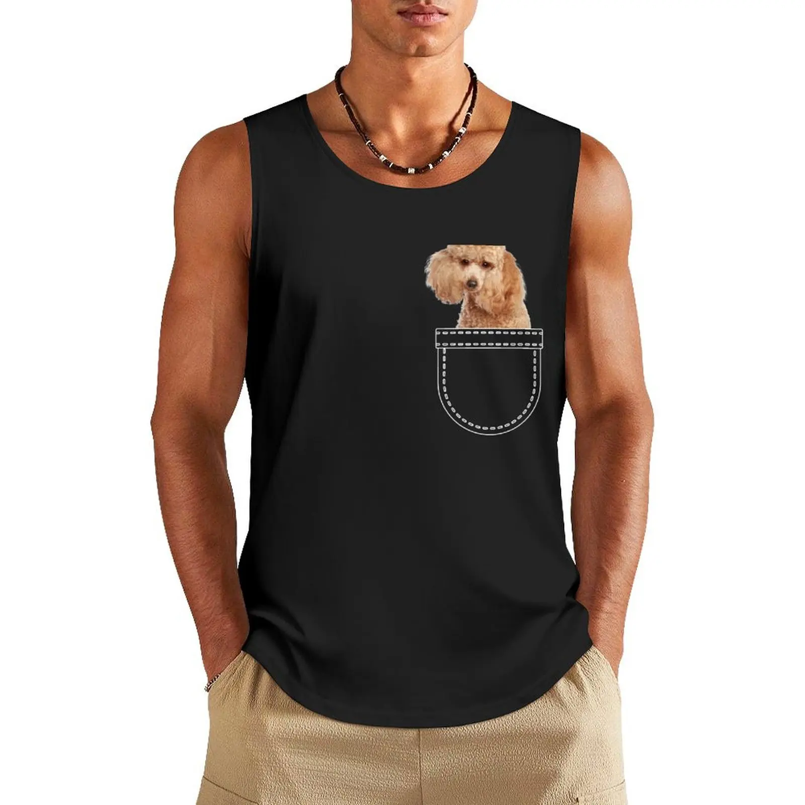 Puppy in a pocket. Apricot poodle puppy in a pocket. Funny, cute photo and line drawing pocket Tank Top